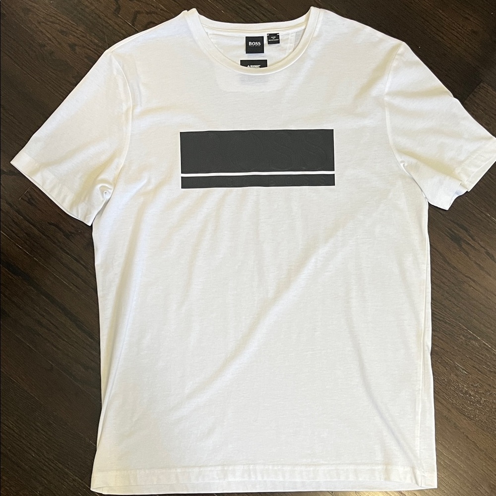 BOSS White Tee with Bold Black Rectangle